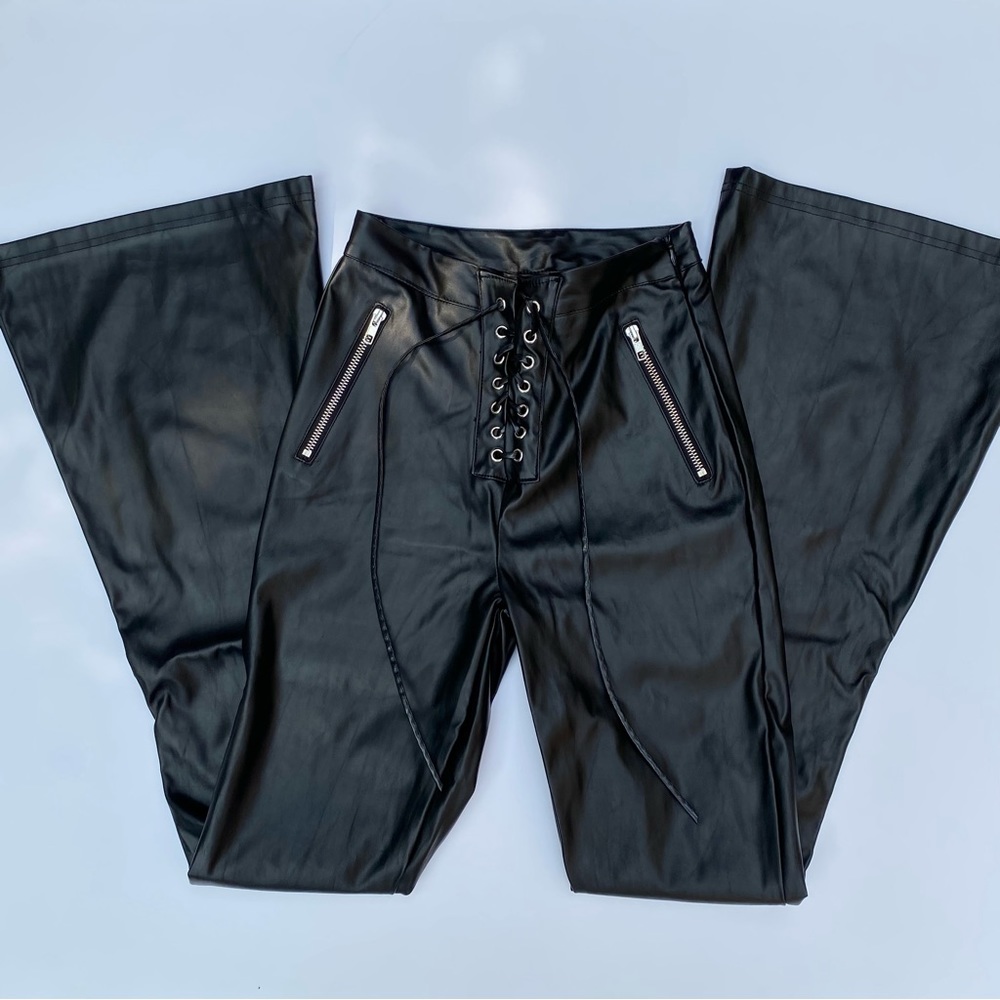 Leather Lace-Up Flare Pants